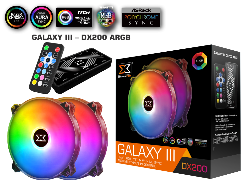 XIGMATEK GALAXY III DX200 ARGB (EN46089): HUB FAN (PACK x2, CONTROLLER, POWER HUB)