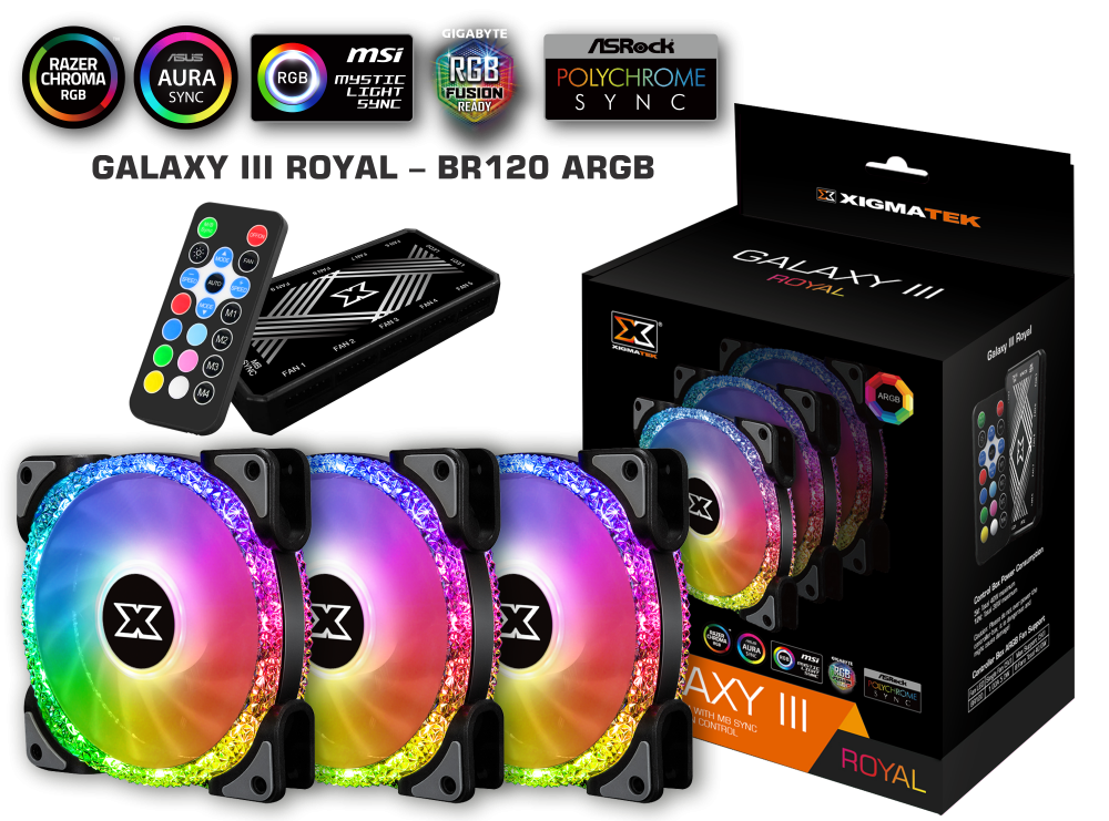 XIGMATEK GALAXY III ROYAL - BR120 ARGB (EN46119): HUB FAN (PACK x3, CONTROLLER, POWER HUB)
