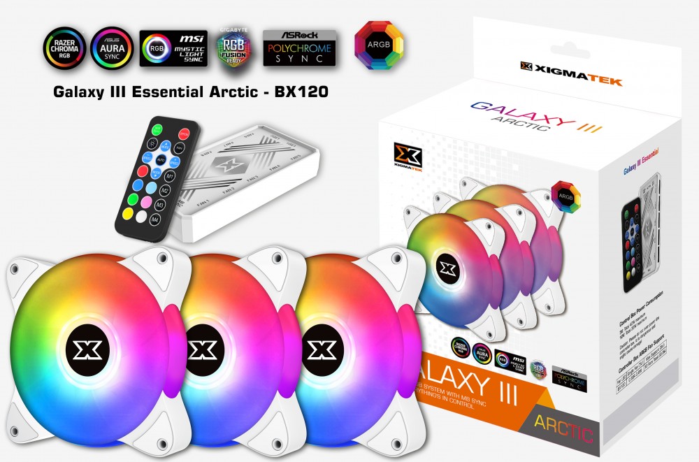 XIGMATEK GALAXY III ESSENTIAL - BX120 ARTIC ARGB (EN46461): HUB FAN (PACK x3, CONTROLLER, POWER HUB)