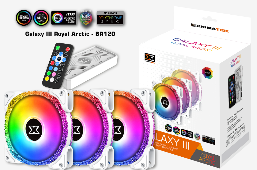 XIGMATEK GALAXY III ROYAL ARTIC - BR120 ARGB (EN46881): HUB FAN (PACK x3, CONTROLLER, POWER HUB)